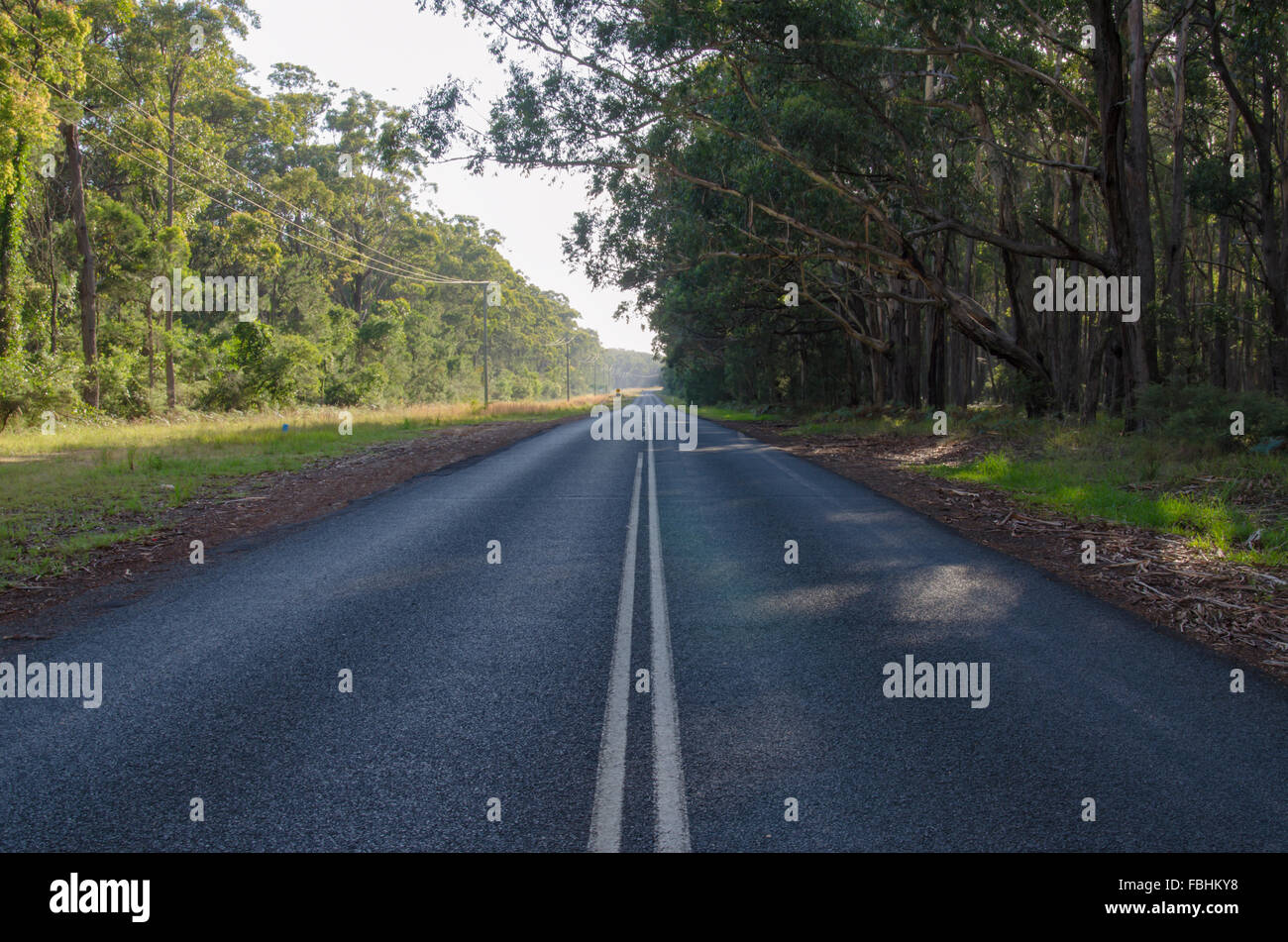 Longue route rurale de campagne droite avec des lignes doubles en Australie Banque D'Images