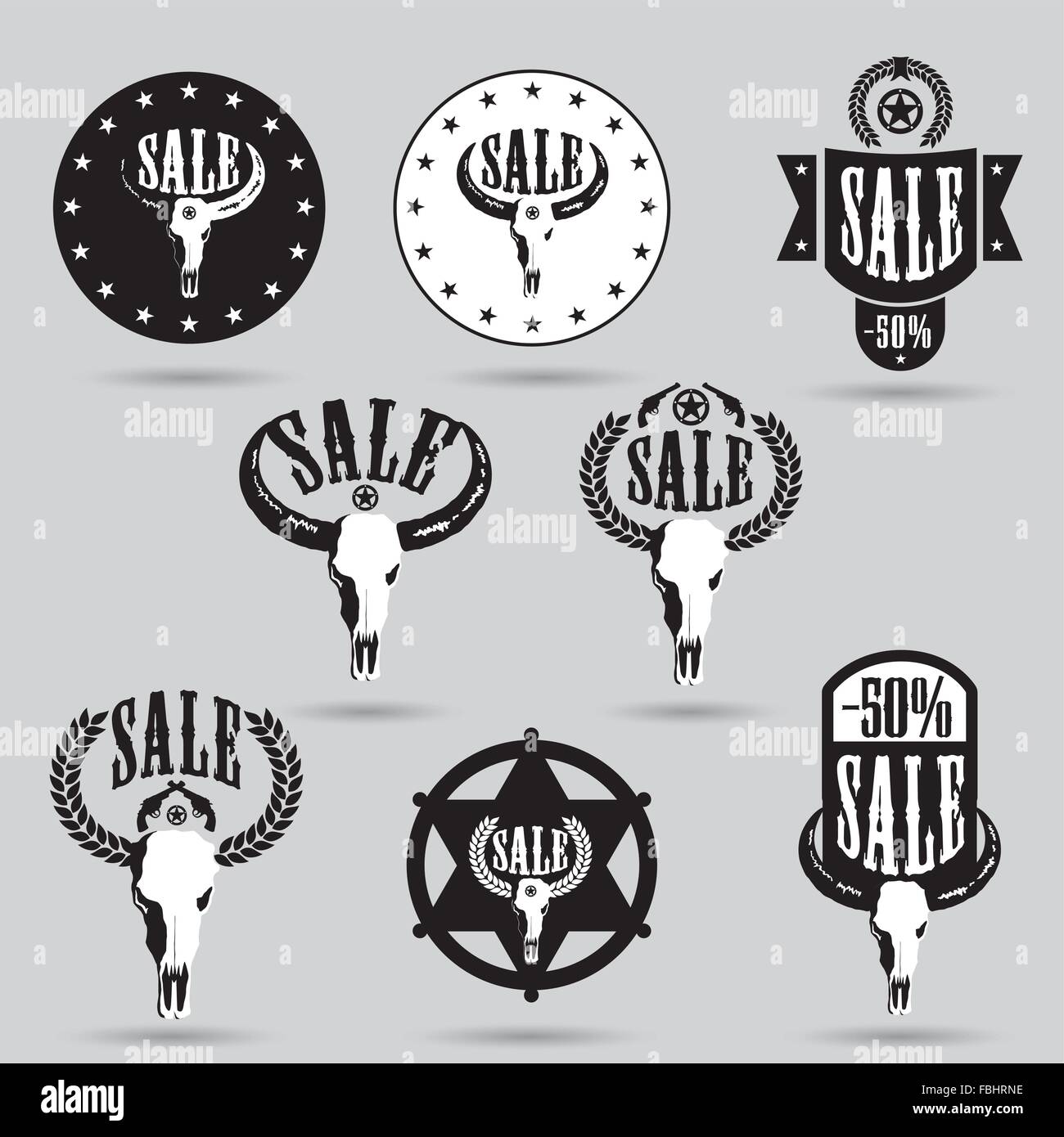 Grosse vente jeu de tags avec conception occidentale et bull skull Illustration de Vecteur