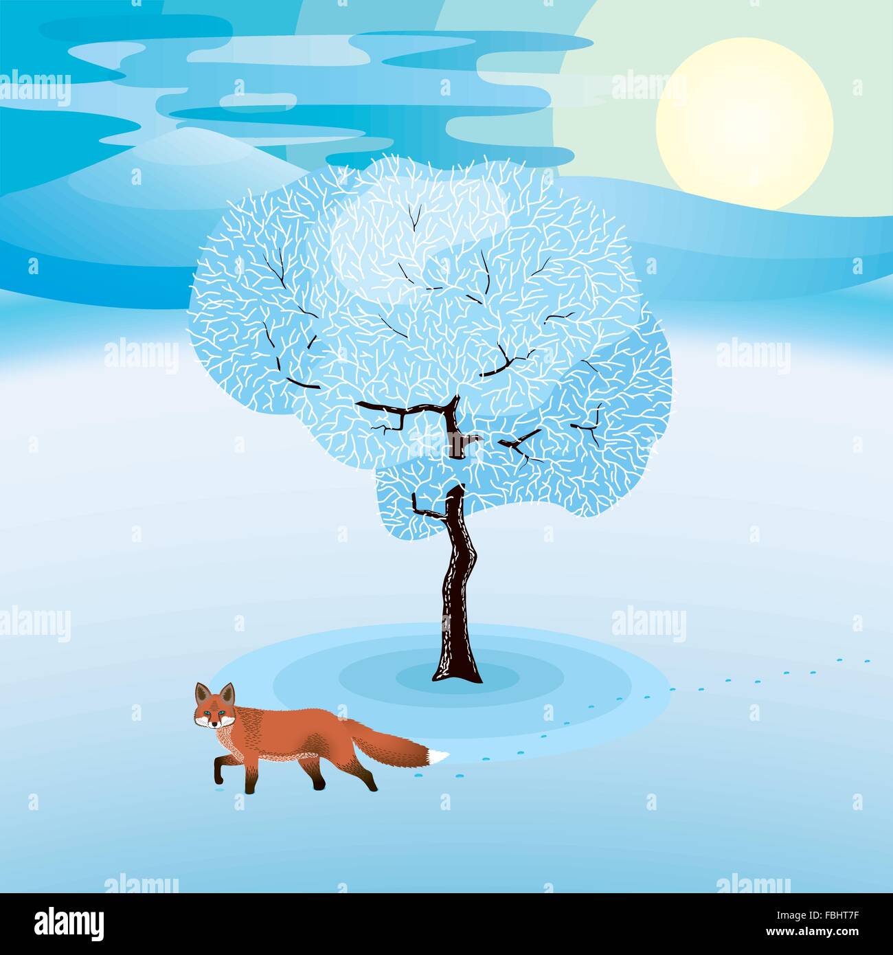 Paysage d'hiver avec des arbres gelés et red fox autour Illustration de Vecteur
