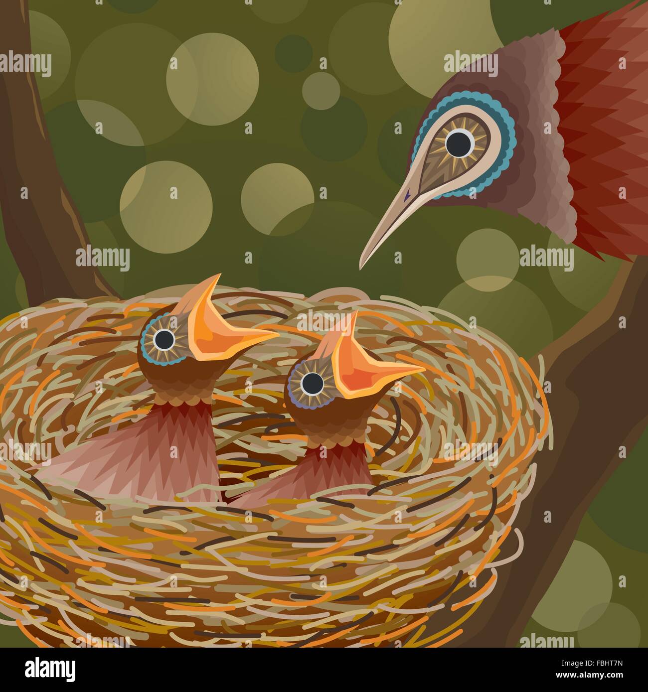 Oiseau de mère en prenant soin de ses petits bébés du nid sur un arbre Illustration de Vecteur
