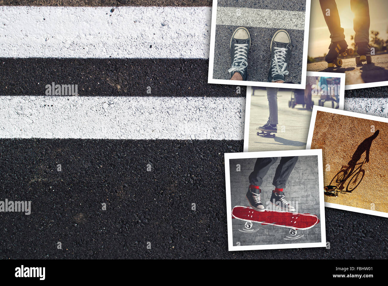 Le mode de vie des jeunes, collage photos instantané de jeunes gens à profiter de la vie urbaine sur fond de trottoir d'asphalte que copier l'espace. Banque D'Images