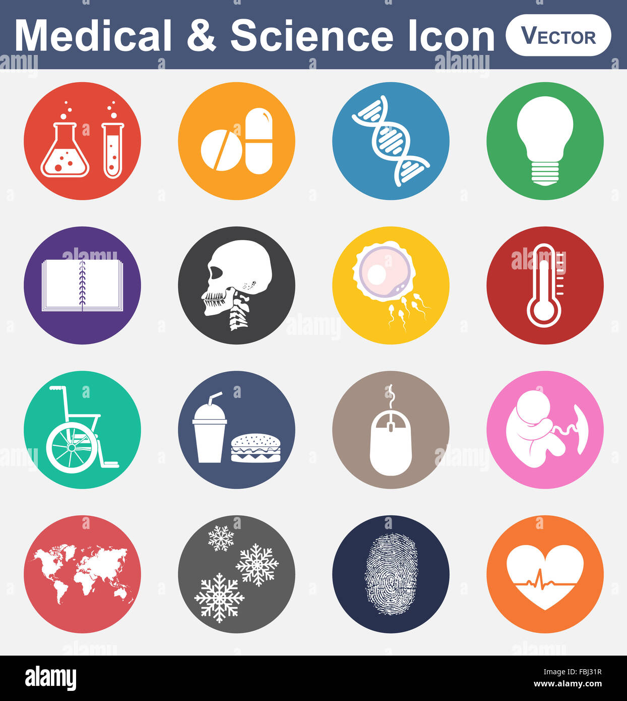 La science médicale et l'icône(test tube , Médicament , ampoule , ADN , carnet de notes , crâne , le sperme et l'ovule , thermomètre, fauteuil roulant , fa Banque D'Images