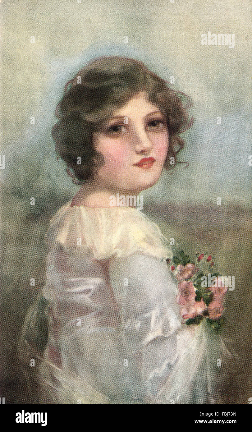 Carte postale, portrait de femme, historique, romantique, illustration Banque D'Images
