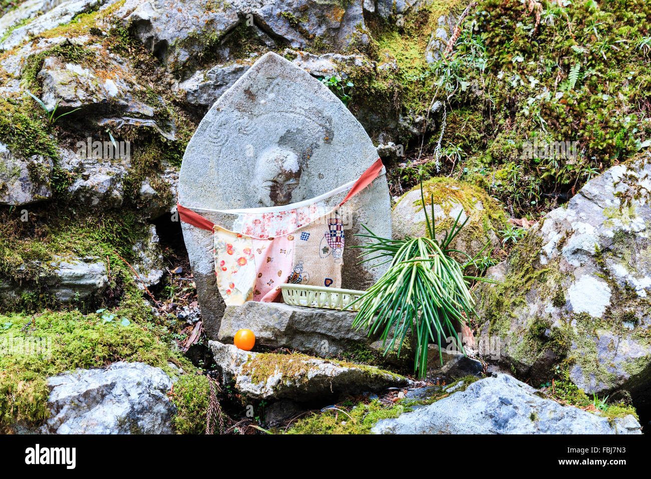 Koyasan, Okunoin cemetery. Petit rouge pâle bibbed statue Jizo Bosatsu, 'Stone Bouddha', avec une offre de fruits orange, debout sur des rochers. Banque D'Images
