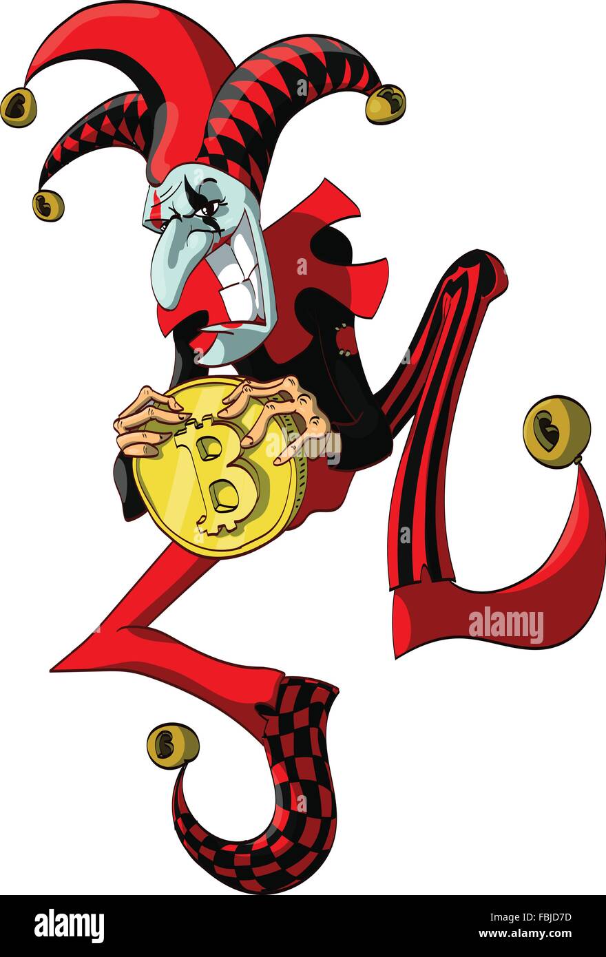 Vector illustration d'un Joker tenant un bitcoin. Illustration de Vecteur