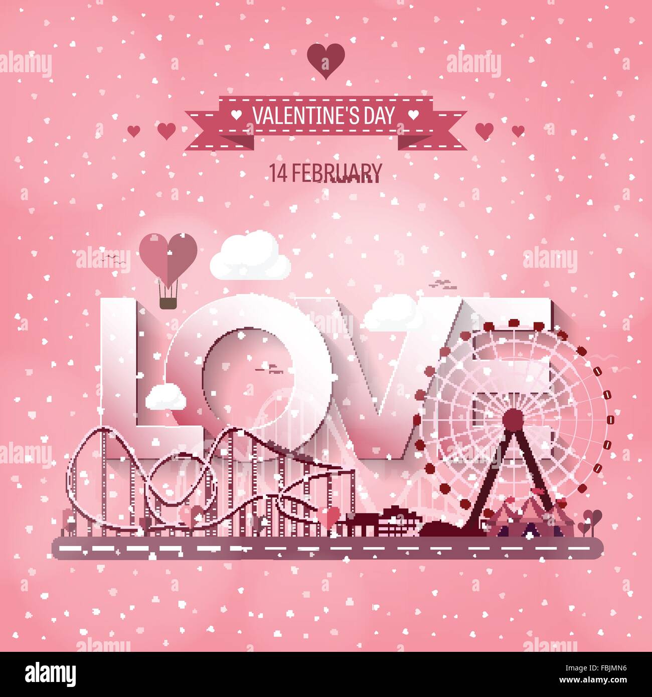 Vector illustration. Valentines Day. L'amour. 14 février. Park. Grande roue. Montagnes russes. Illustration de Vecteur