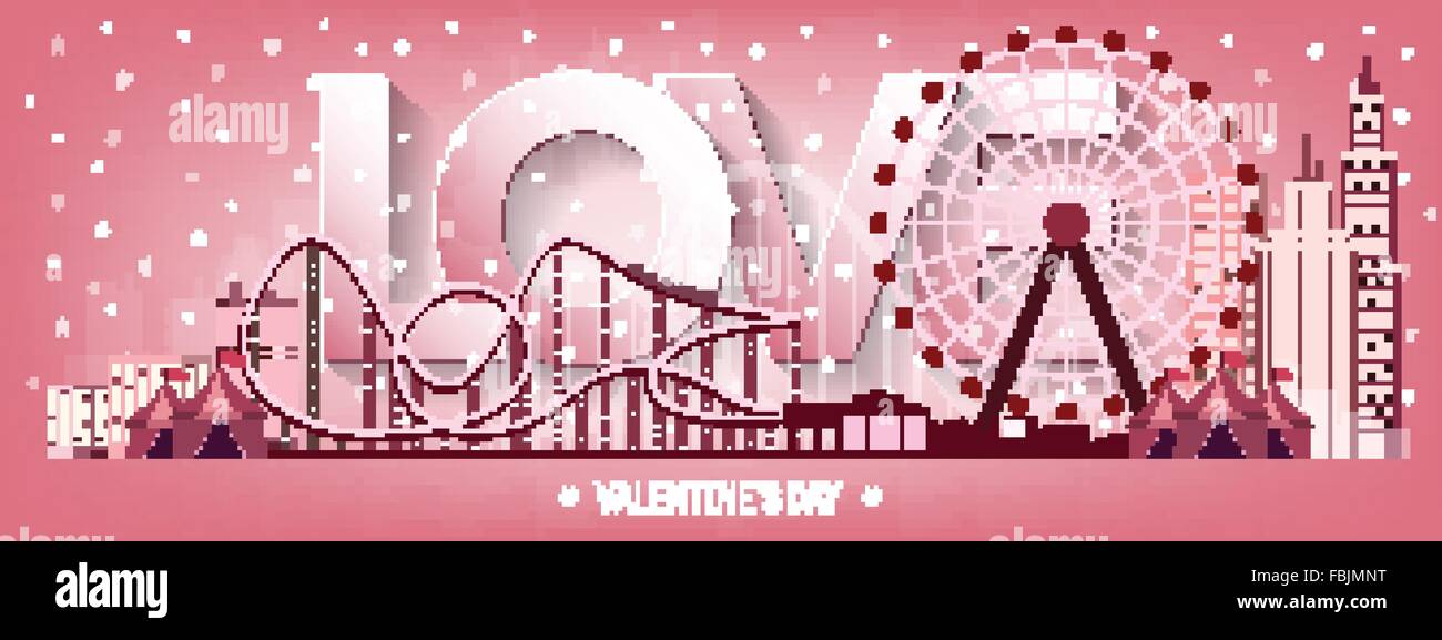 Vector illustration. Valentines Day. L'amour. 14 février. Park. Grande roue. Montagnes russes. Illustration de Vecteur