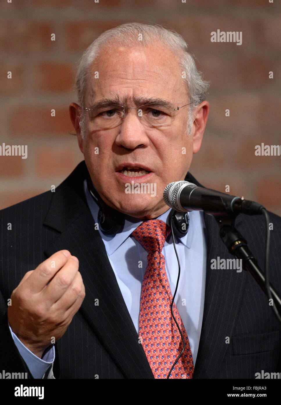 Nauen, Allemagne. 17 Jan, 2016. Le Secrétaire général de l'OCDE, Jose Angel, prend la parole lors d'une conférence de presse dans un domaine historique de Nauen, Allemagne, 17 janvier 2016. Sur le domaine, un séminaire de deux jours du Comité exécutif fédéral SPD aura lieu. Photo : RALF HIRSCHBERGER/dpa/Alamy Live News Banque D'Images