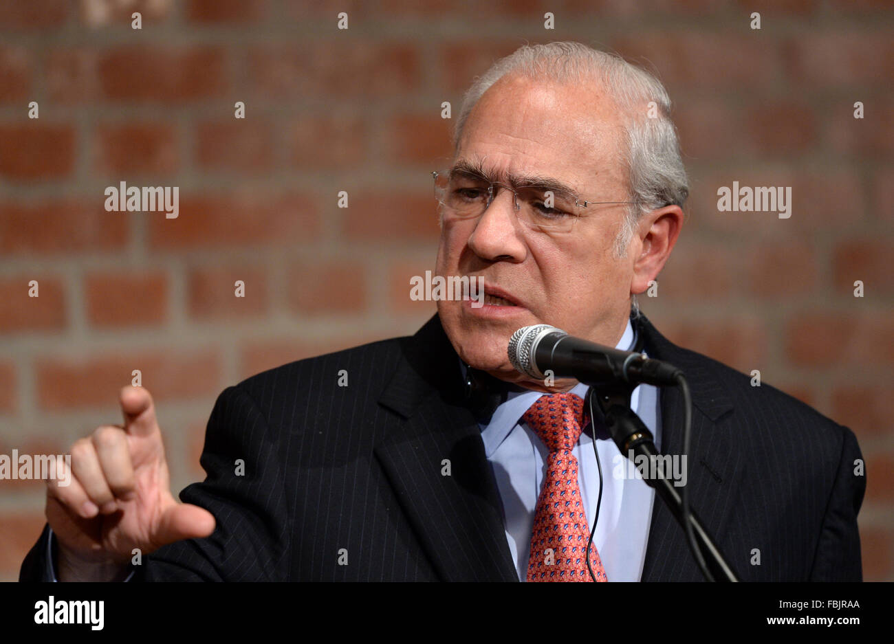 Nauen, Allemagne. 17 Jan, 2016. Le Secrétaire général de l'OCDE, Jose Angel, prend la parole lors d'une conférence de presse dans un domaine historique de Nauen, Allemagne, 17 janvier 2016. Sur le domaine, un séminaire de deux jours du Comité exécutif fédéral SPD aura lieu. Photo : RALF HIRSCHBERGER/dpa/Alamy Live News Banque D'Images