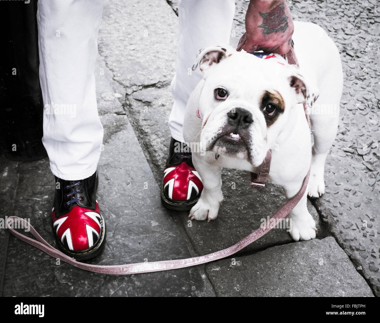 Skinhead avec Union Jack sur Dr Martens boots in street with British Bulldog UK Banque D'Images