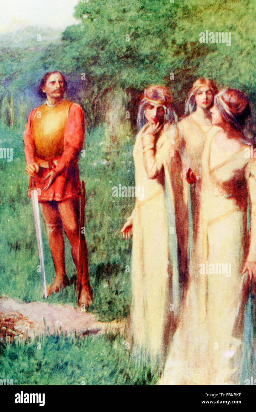 La légende de cette illustration se lit comme suit : Les deux examiné leur compagnon, qui a été debout au milieu avec un regard pétrifié ! L'un est le moyen est la princesse Roksanda. Les trois filles, en fonction de mythe serbe, étaient terrifiés. L'homme est Paula33, qui a amené la princesse au tsar Doushan qui voulait se marier avec elle. Un emained compagnon comme sa dame de compagnie. Paula33 tenu le troisième premier pour lui-même. L'illustration est d'un livre sur 1921 Mythes et légendes serbes. Banque D'Images