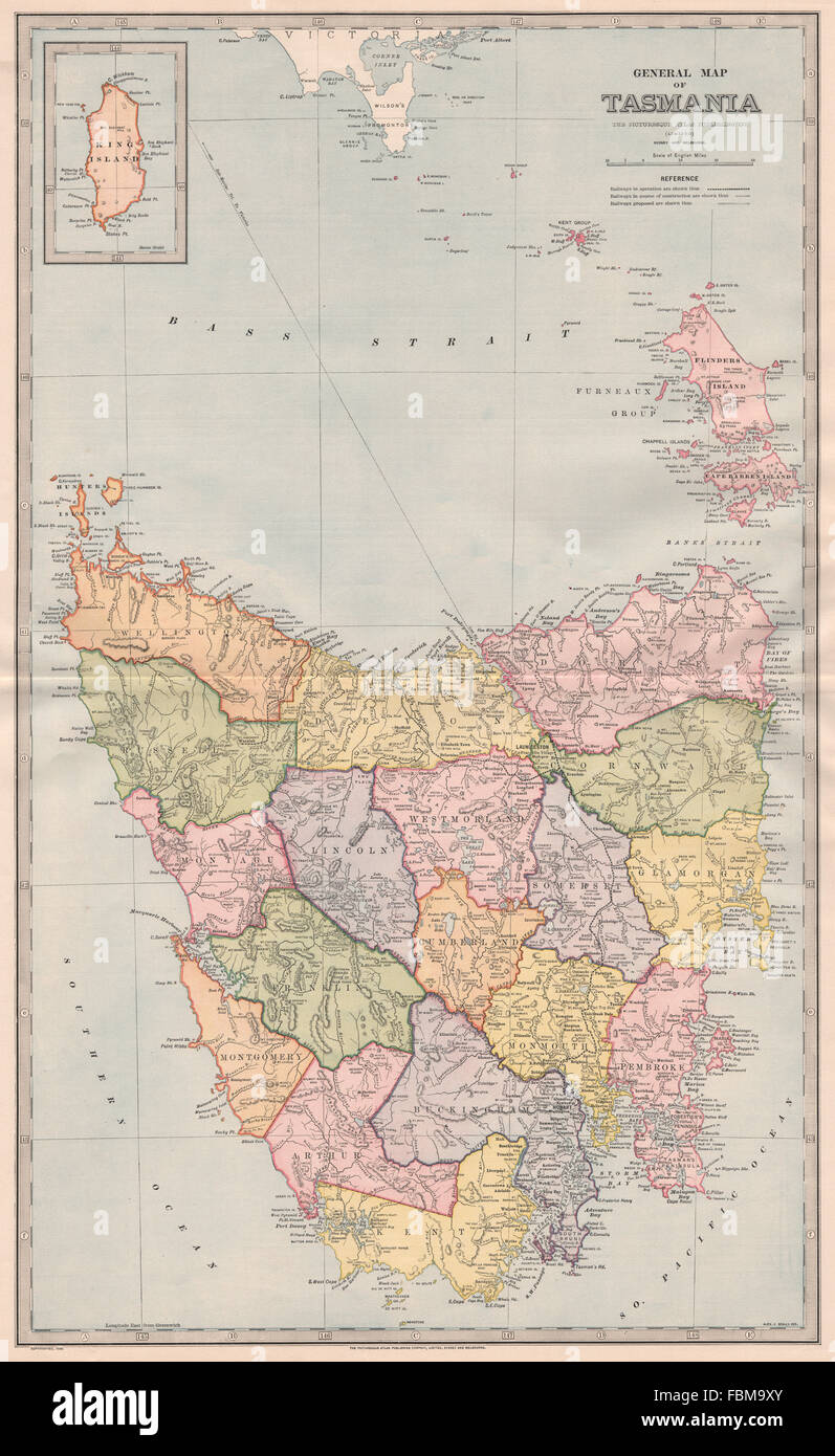 Grande carte de la Tasmanie. Comtés. Les chemins de fer dans l'utilisation/UC/prévu. GARRAN, 1888 Banque D'Images