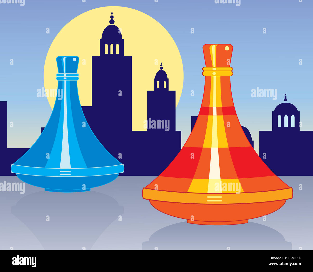 Une illustration de tajine marocain des casseroles dans des couleurs vives avec un horizon nord-africain stylisé sur un fond coucher de soleil Banque D'Images