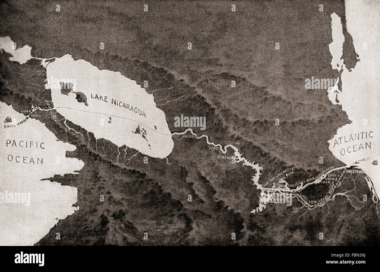 1870 Une carte montrant le tracé proposé du Canal du Nicaragua, un voyage à travers le Nicaragua pour relier la mer des Caraïbes, et donc l'océan Atlantique, avec l'océan Pacifique. Banque D'Images
