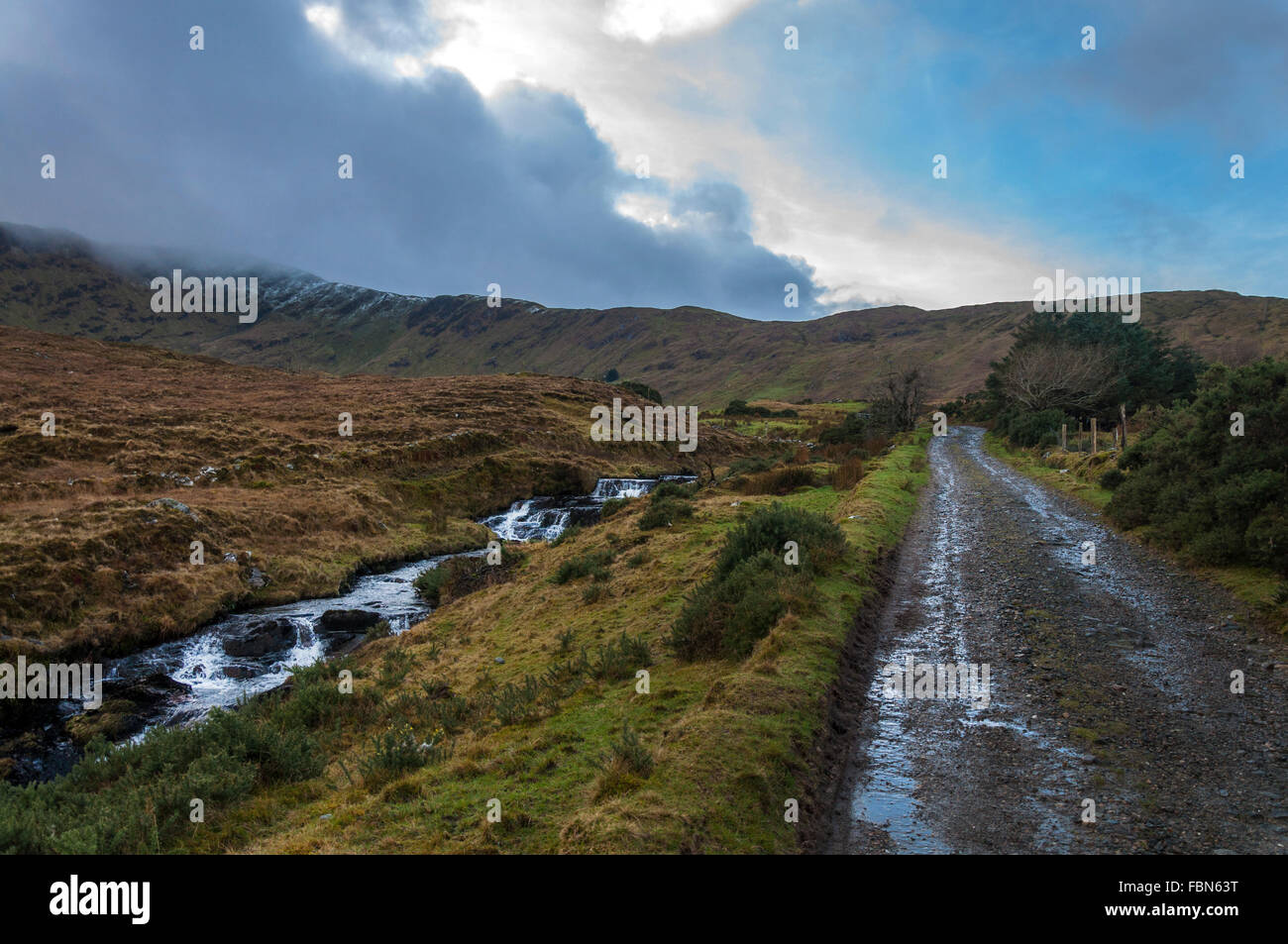 Piste de montagne et ruisseau en paysage dans le Donegal, Irlande Banque D'Images