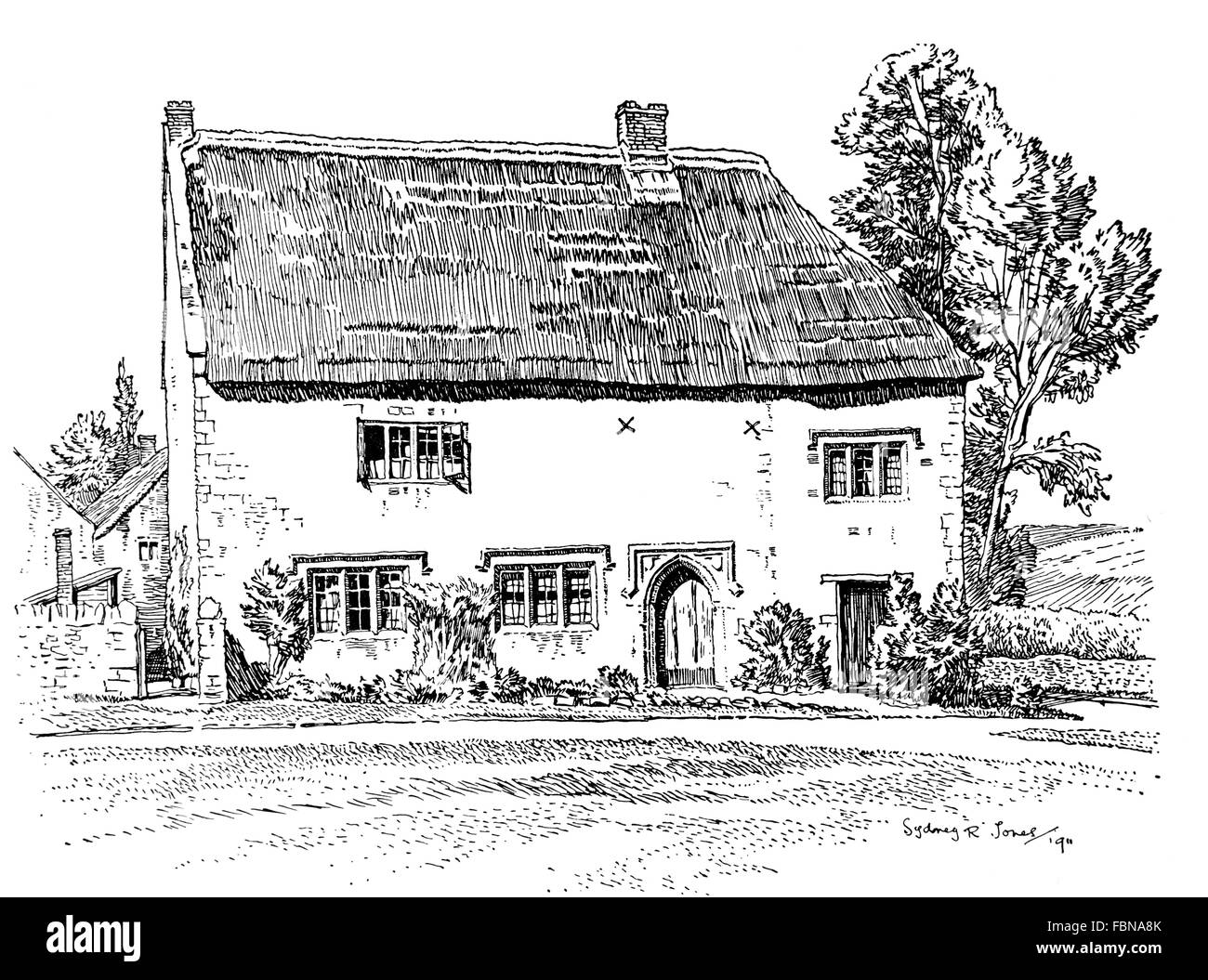 Royaume-uni, Angleterre, Somerset, Stoford village,ancienne chaumière avec porte gothique et fenêtres à meneaux de pierre, 1911 Banque D'Images