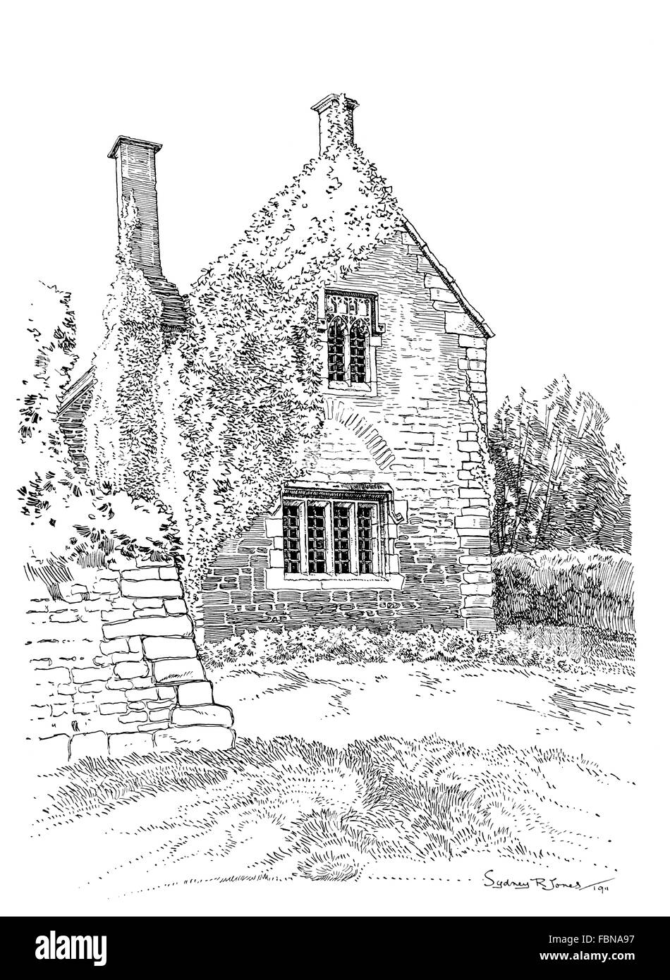 Royaume-uni, Angleterre, Dorset, Trent, maison ancienne avec réducteur à pignon couvert de fenêtres à meneaux de pierre, 1911 illustration de ligne Banque D'Images