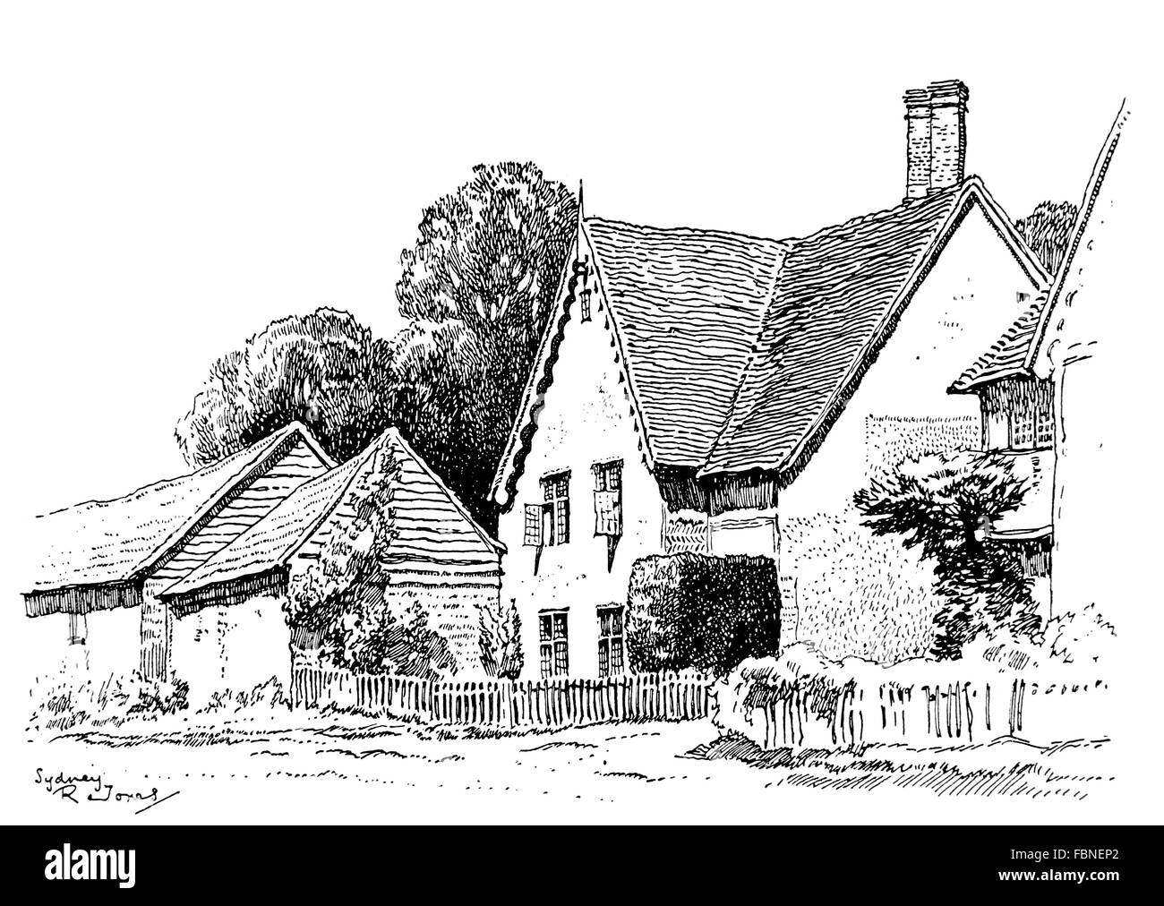 Royaume-uni, Angleterre, Buckinghamshire, Dinton village,ancienne maison de campagne, 1911 illustration par ligne, Sydney R Jones Banque D'Images