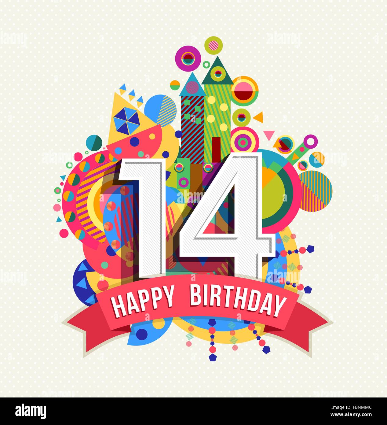 Joyeux anniversaire 14 ans, carte de souhaits fête amusante avec étiquette de texte, nombre et géométrie colorée design. EPS10 Illustration de Vecteur