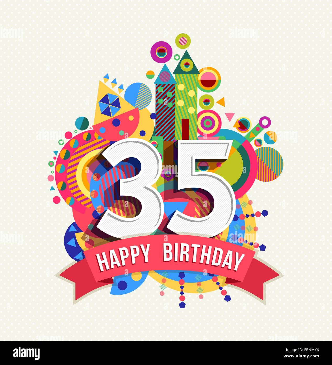 Joyeux anniversaire trente cinq 35 ans, carte de souhaits fête amusante avec étiquette de texte, nombre et géométrie colorée design. EPS10 Illustration de Vecteur