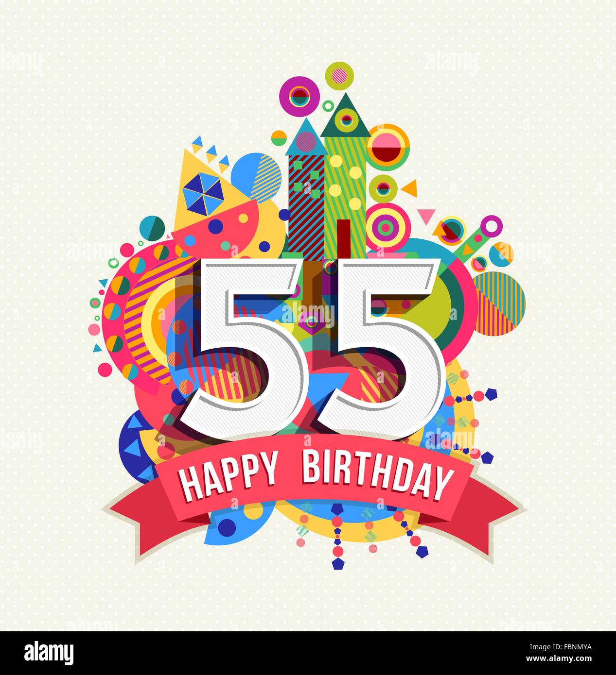 Joyeux anniversaire cinquante cinq 55 ans, carte de souhaits fête amusante avec étiquette de texte, nombre et géométrie colorée design. EPS10 Illustration de Vecteur
