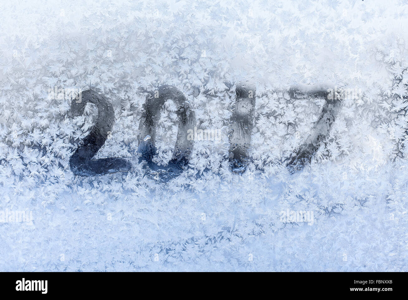 Belle et heureuse année glace givré la texture sur les vitres avec du texte écrit en 2017. Macro-vision de harfang motif argenté. Saison Banque D'Images