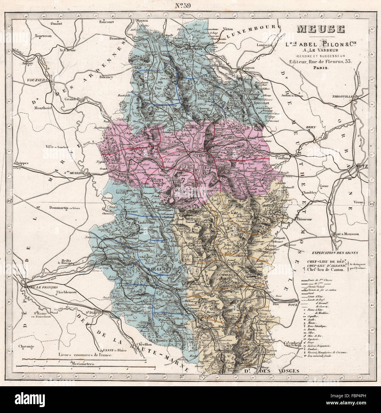 MEUSE montrant ressources & minéraux. LE VASSEUR, 1876 carte antique Banque D'Images