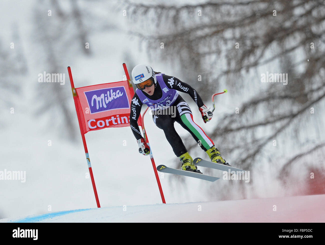 CORTINA D'AMPEZZO, ITALIE - Le 24 janvier 2014 : Au cours de la Coupe du Monde de Ski Alpin FIS Women's course de descente à Cortina d'Ampezzo, Italie. Banque D'Images