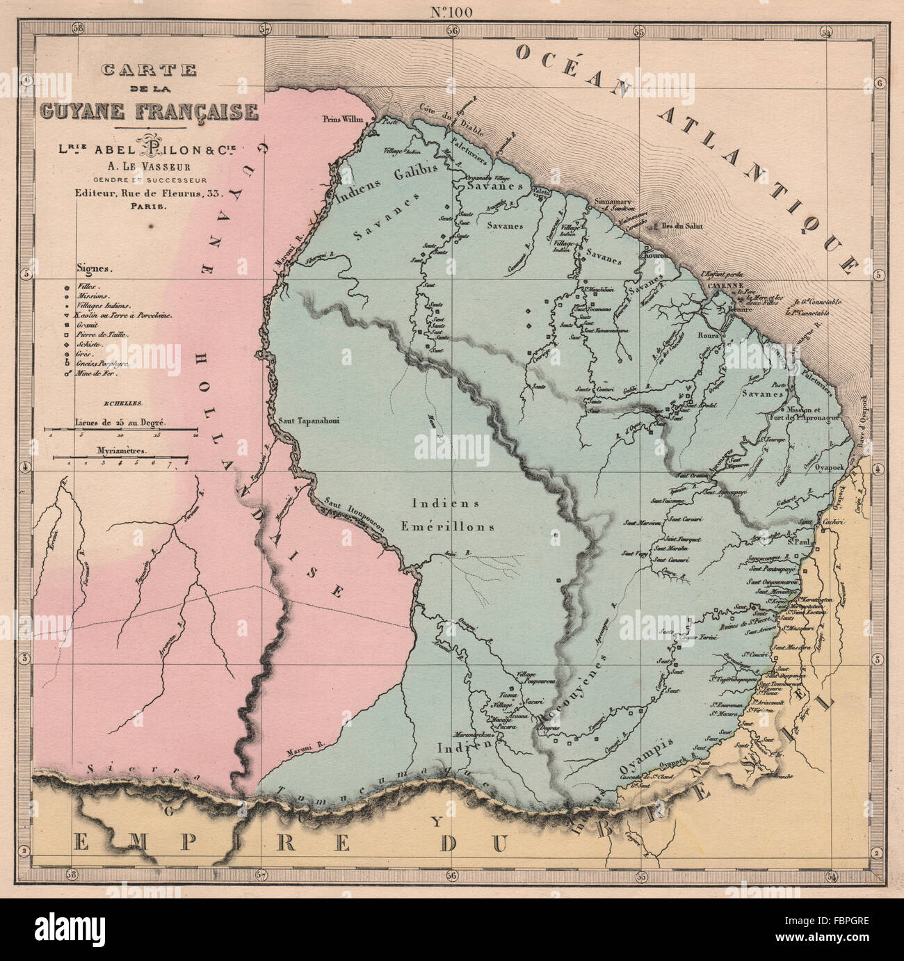 GUYANE FRANÇAISE. Guyane française. Les missions. Villages indiens. LE VASSEUR, 1876 map Banque D'Images