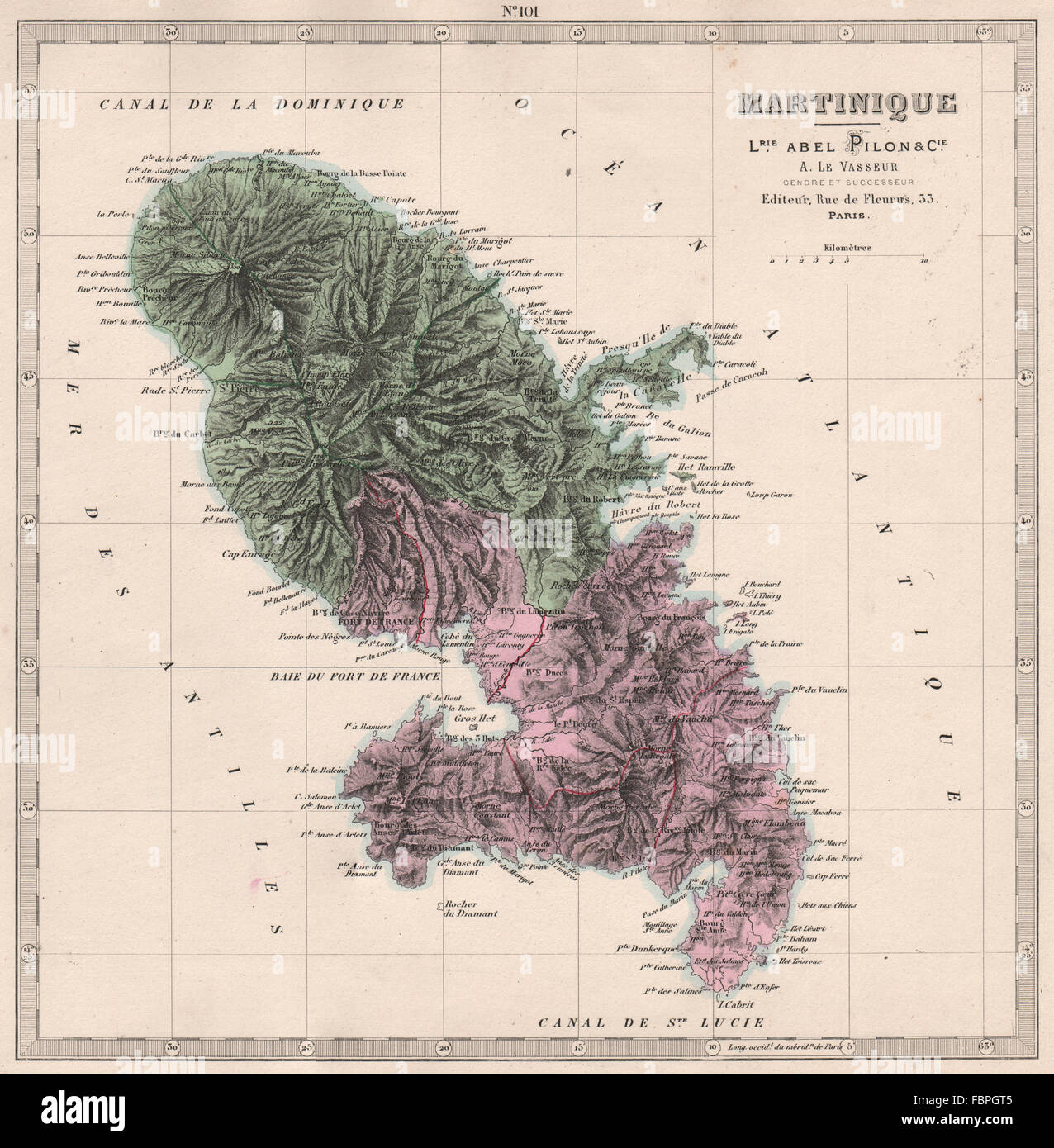La Martinique. French West Indies. Antilles françaises. Le soulagement. LE VASSEUR 1876 map Banque D'Images