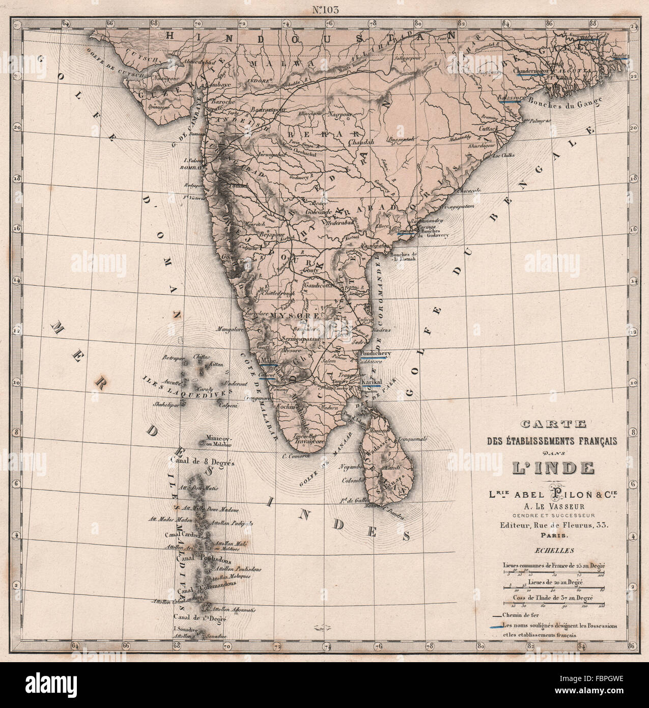 ÉTABLISSEMENTS FRANÇAIS DANS L'INDE. Karikal Mahe Pondichery Calicut, 1876 map Banque D'Images