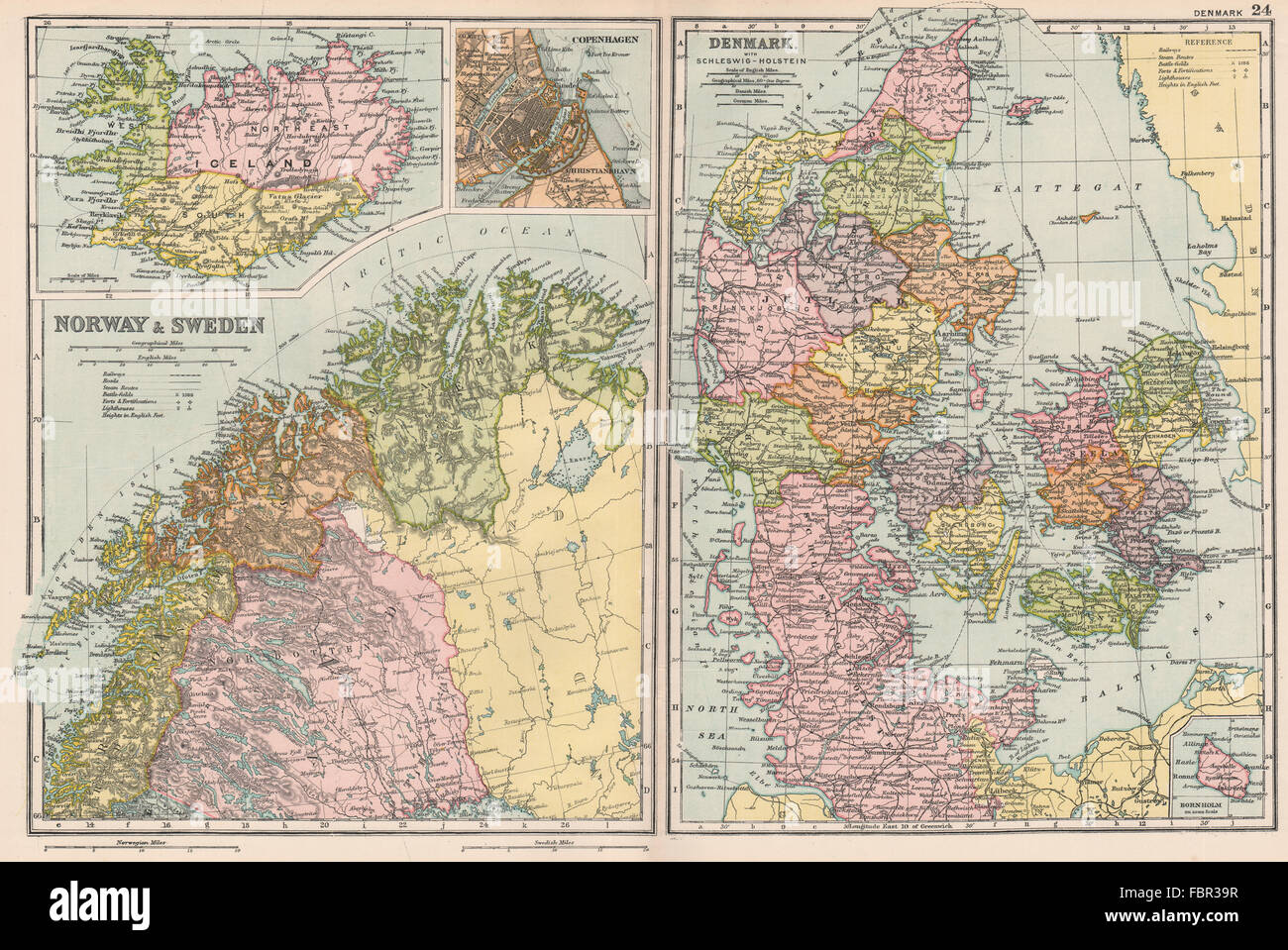 La Scandinavie. Laponie Islande Danemark Copenhague. La Norvège et la Suède. BACON 1903 map Banque D'Images