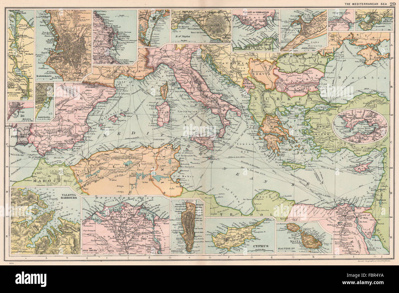 Les ports de la Méditerranée. Marseille Gibraltar Valetta Naples Alger Le Pirée 1903 map Banque D'Images