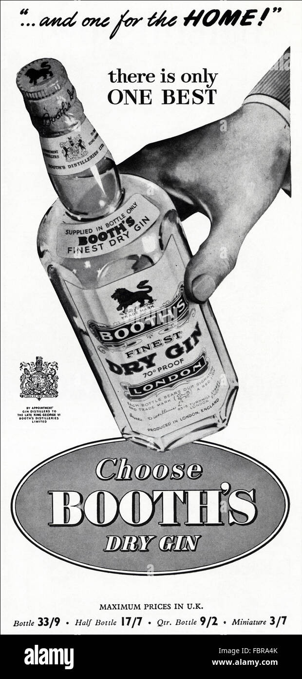 Vintage Original advert à partir de 1950. Publicité de 1954 du stand publicité Dry Gin par nomination royale. Banque D'Images