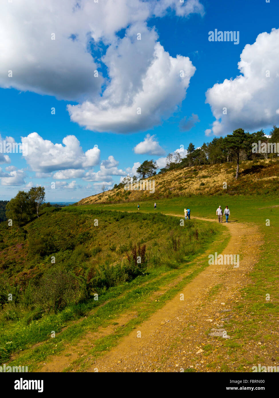 Les randonneurs sur un sentier au Devil's Punch Bowl un grand amphithéâtre naturel et beauty spot près de Hindhead Surrey England UK Banque D'Images