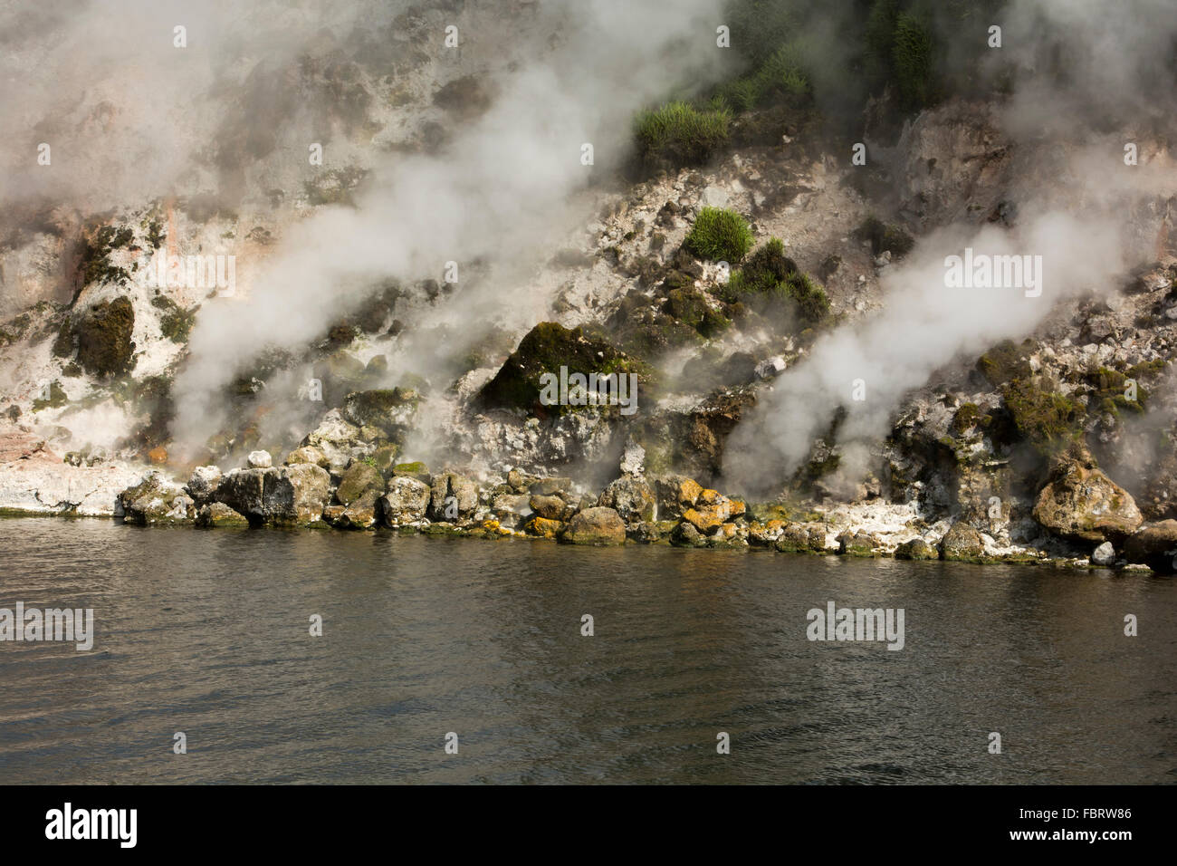 Lac Rotomahana dans la Vallée volcanique de Waimangu a beaucoup de fumerolles et sources chaudes comme la cuisson à cliffs ici. Banque D'Images