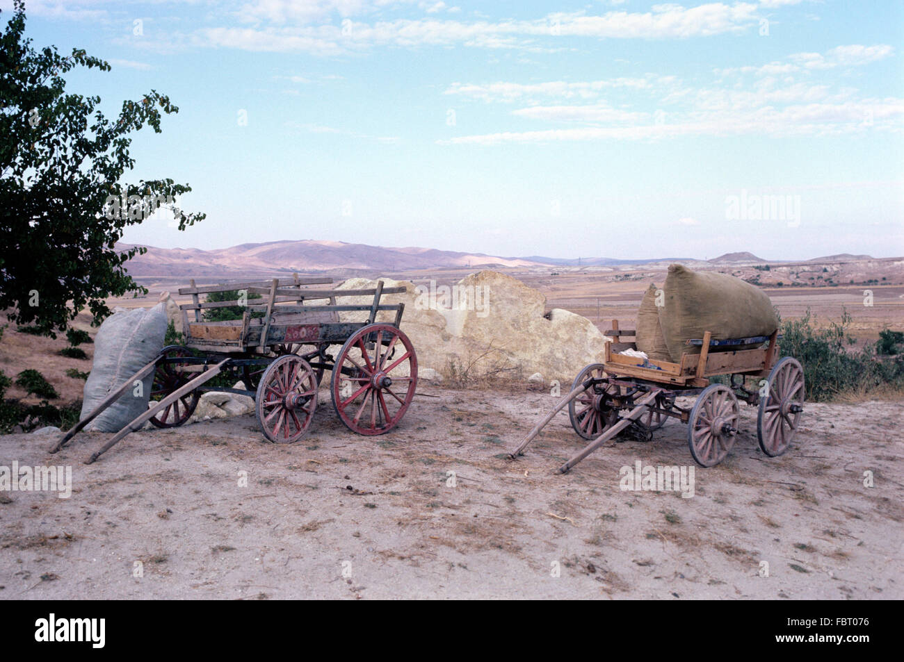 Donkey-Drawn charrettes dans la Cappadoce Turquie Anatolie Banque D'Images