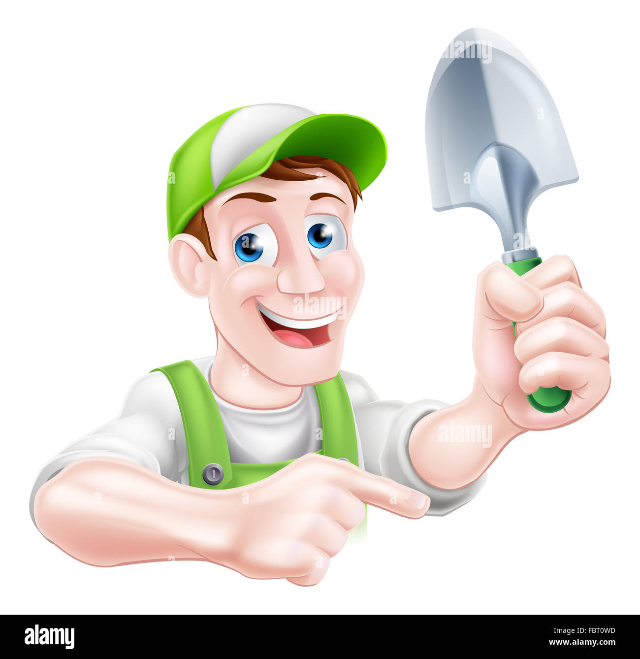 Un cartoon mascot jardinage jardinier homme tenant une truelle de jardin et de pointage Banque D'Images