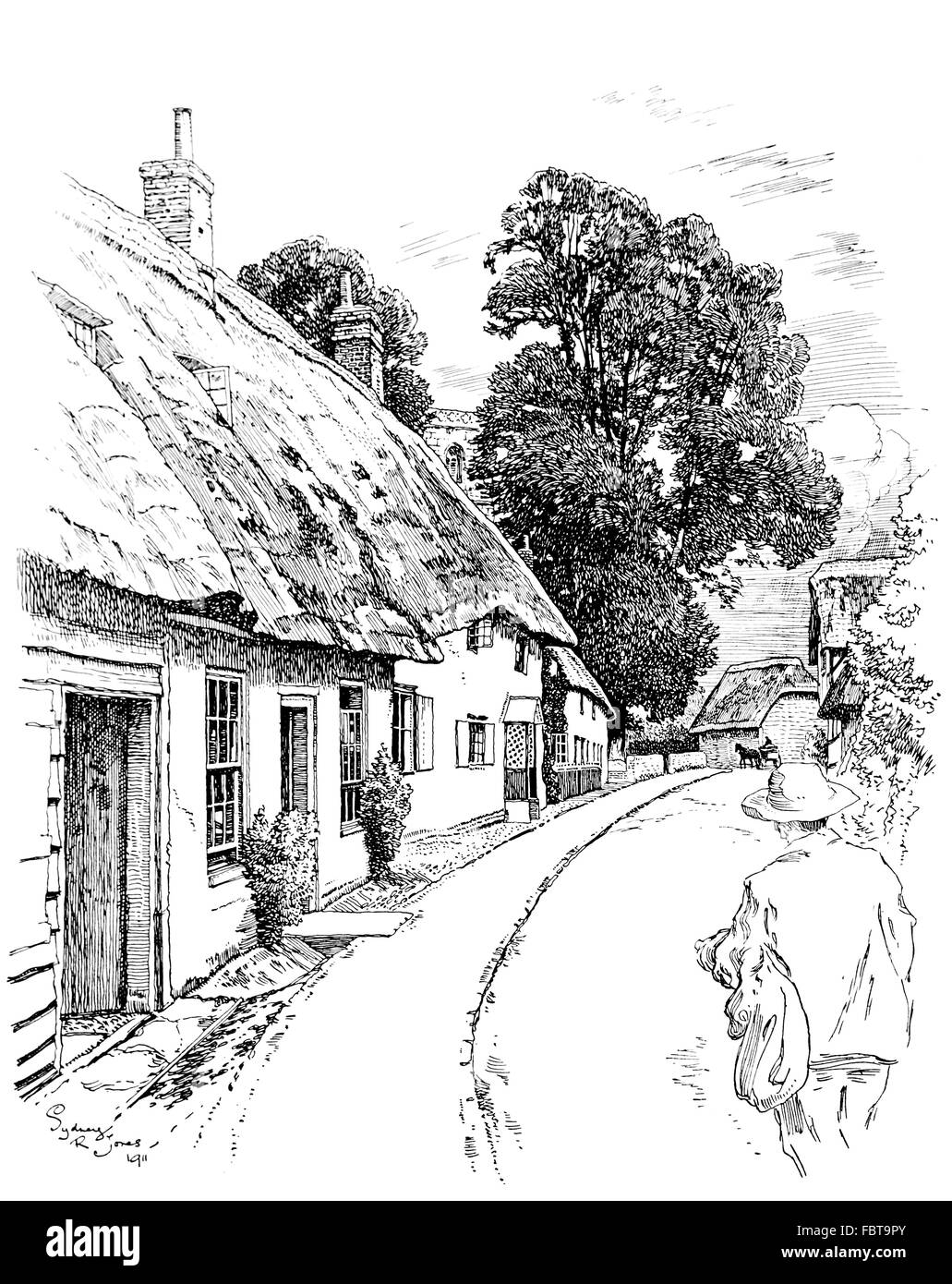 Royaume-uni, Angleterre, Oxfordshire, East Hendred, Church Street, chaumière, 1911, illustration par ligne, Sydney R Jones Banque D'Images