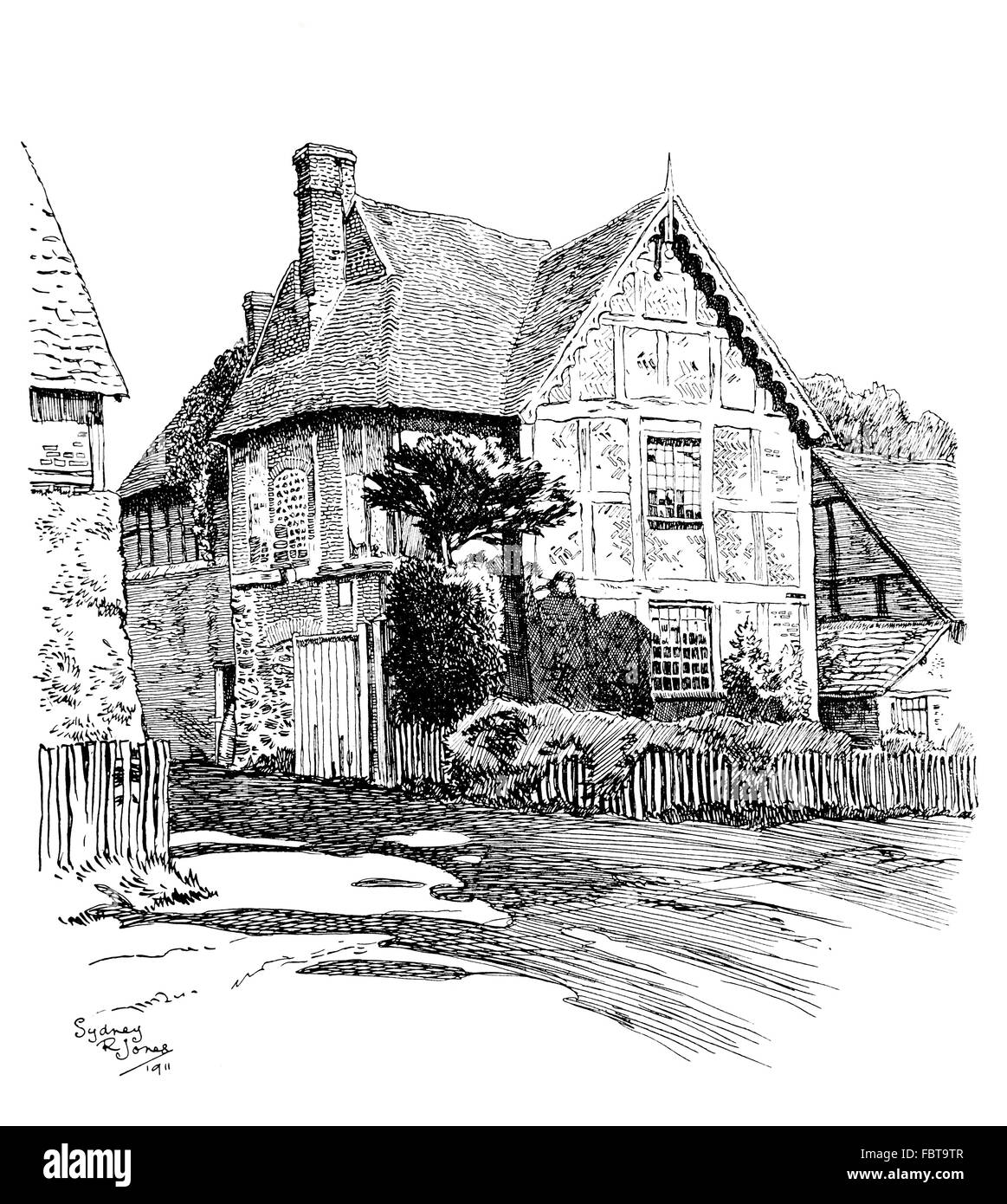 Royaume-uni, Angleterre, Buckinghamshire, Dinton avec Ford, colombages avec remplissage en brique herringbone, en 1911, l'illustration de ligne Banque D'Images