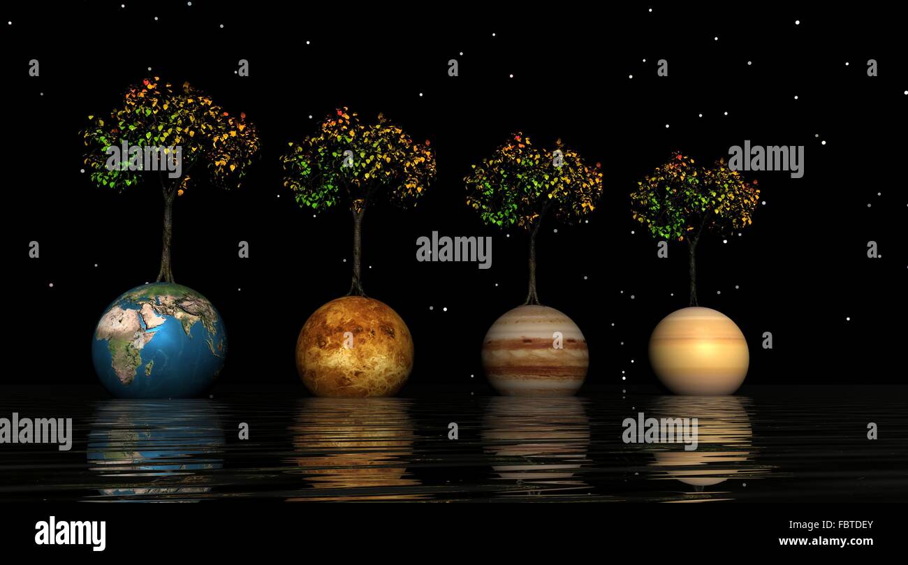Planètes et trois arbres Banque D'Images