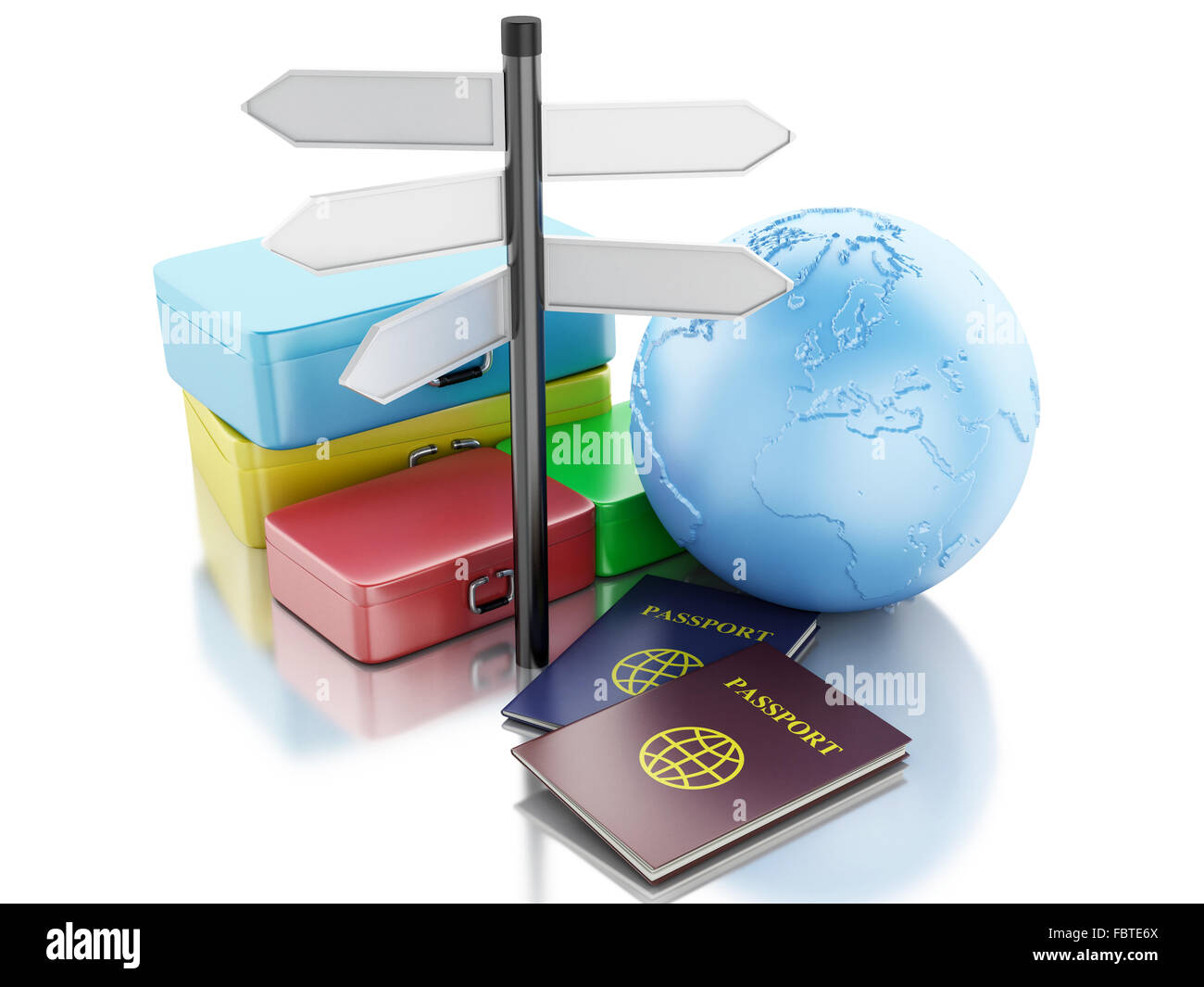 Moteur de rendu 3d illustration. Valises de voyage, passeport et la Terre planète. Voyages et vacances. Isolé sur fond blanc Banque D'Images