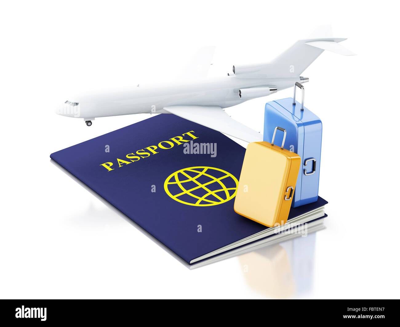 Moteur de rendu 3d illustration. Billet d'avion, passeport et valises. Airline travel concept. Isolé sur fond blanc Banque D'Images