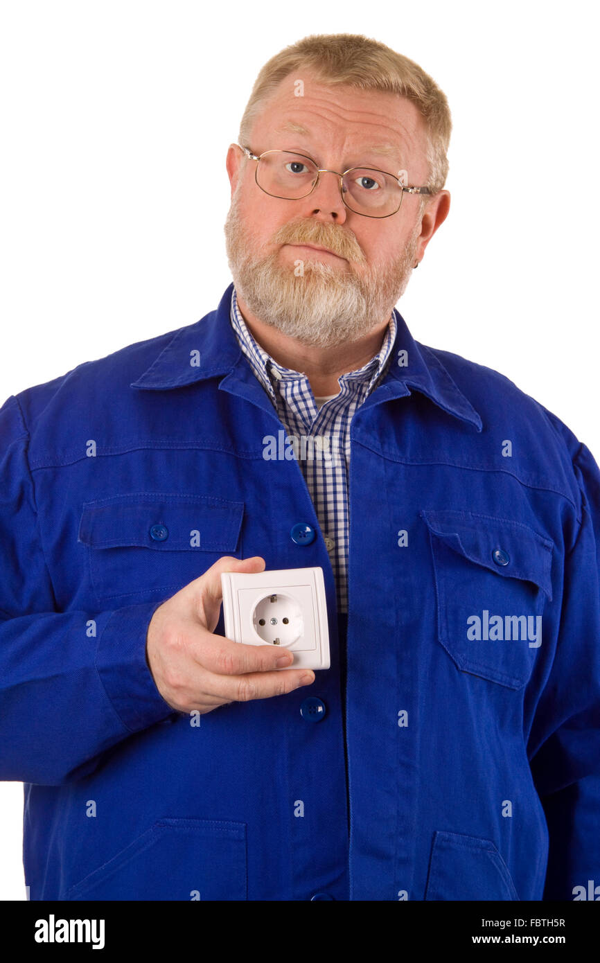 Electrician holding power socket Banque D'Images