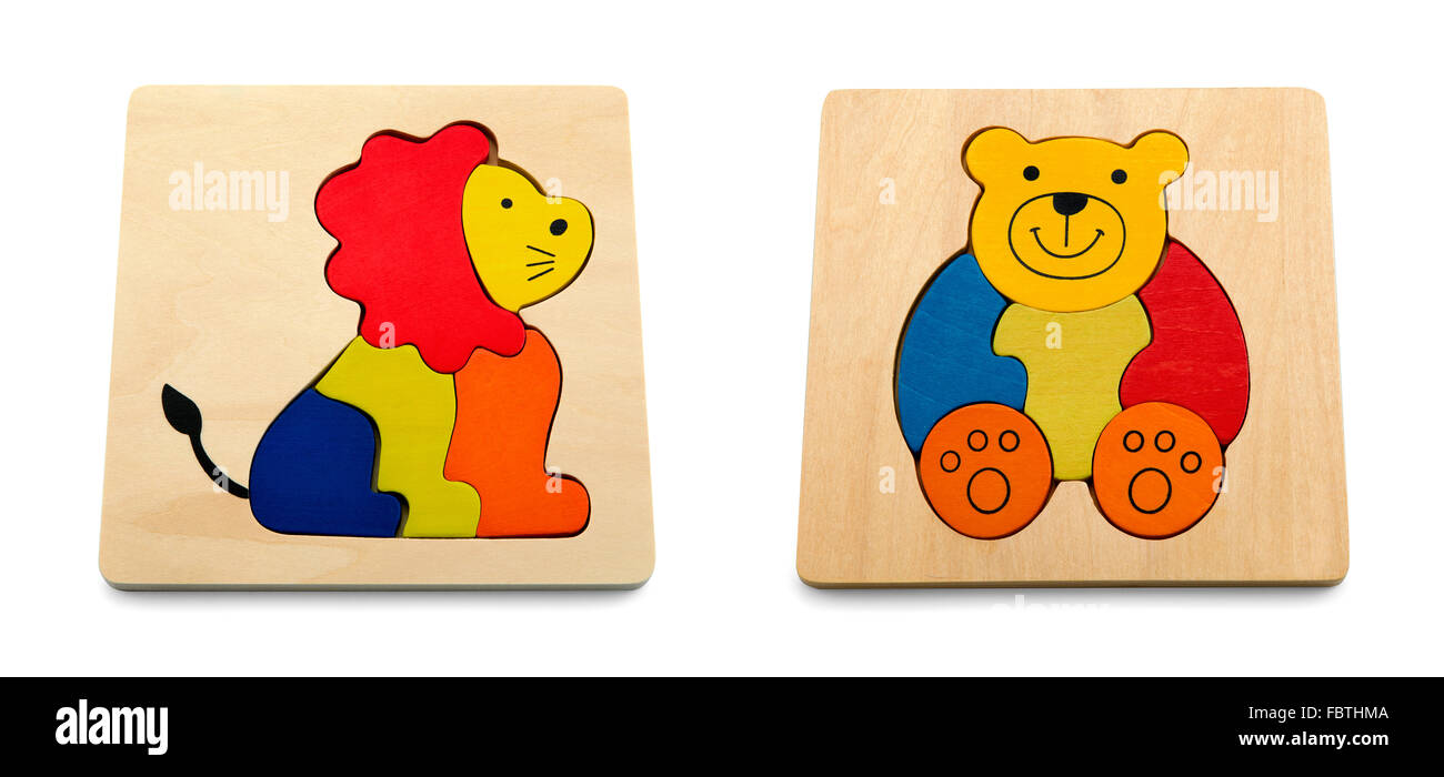 Puzzle pour enfants et bébé ours et lion - isolated on white Banque D'Images