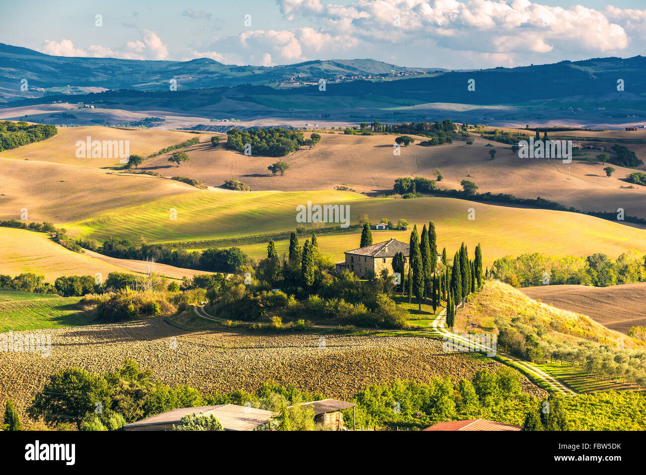 Les champs labourés dans le paysage pittoresque de l'Italie. Paysage de la Toscane. Banque D'Images