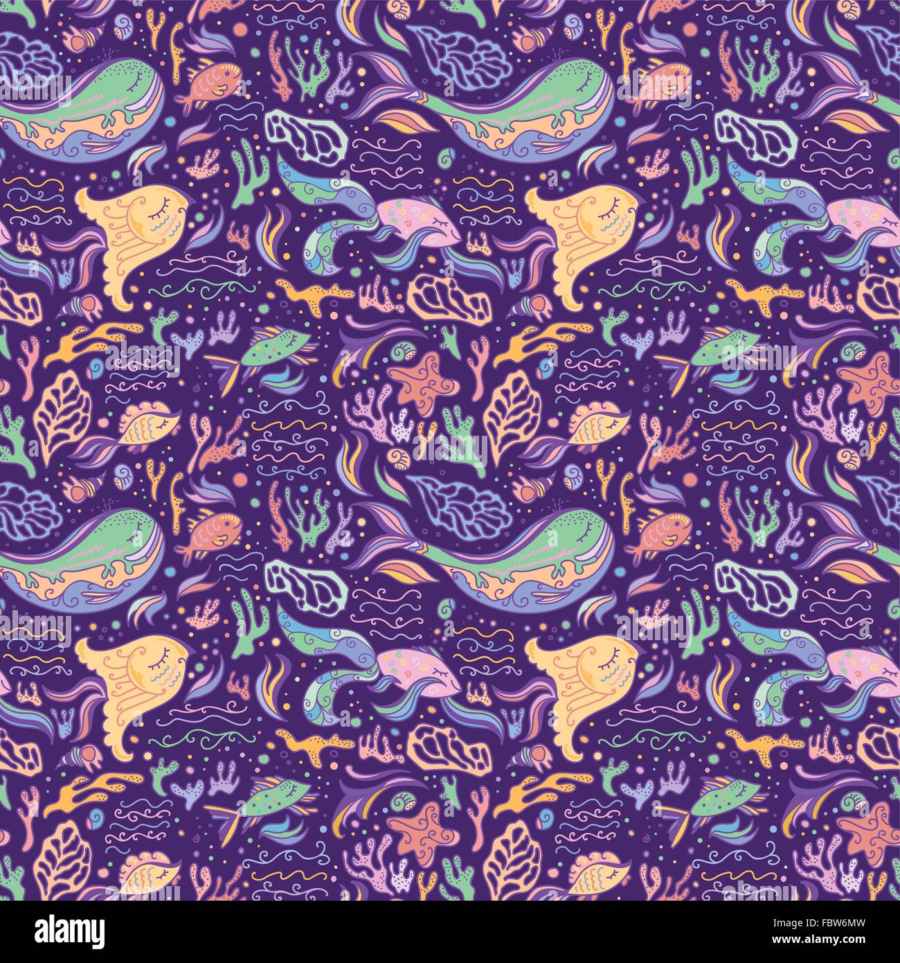 Sketchy style vector background bébé avec la vie de la mer et poissons Illustration de Vecteur