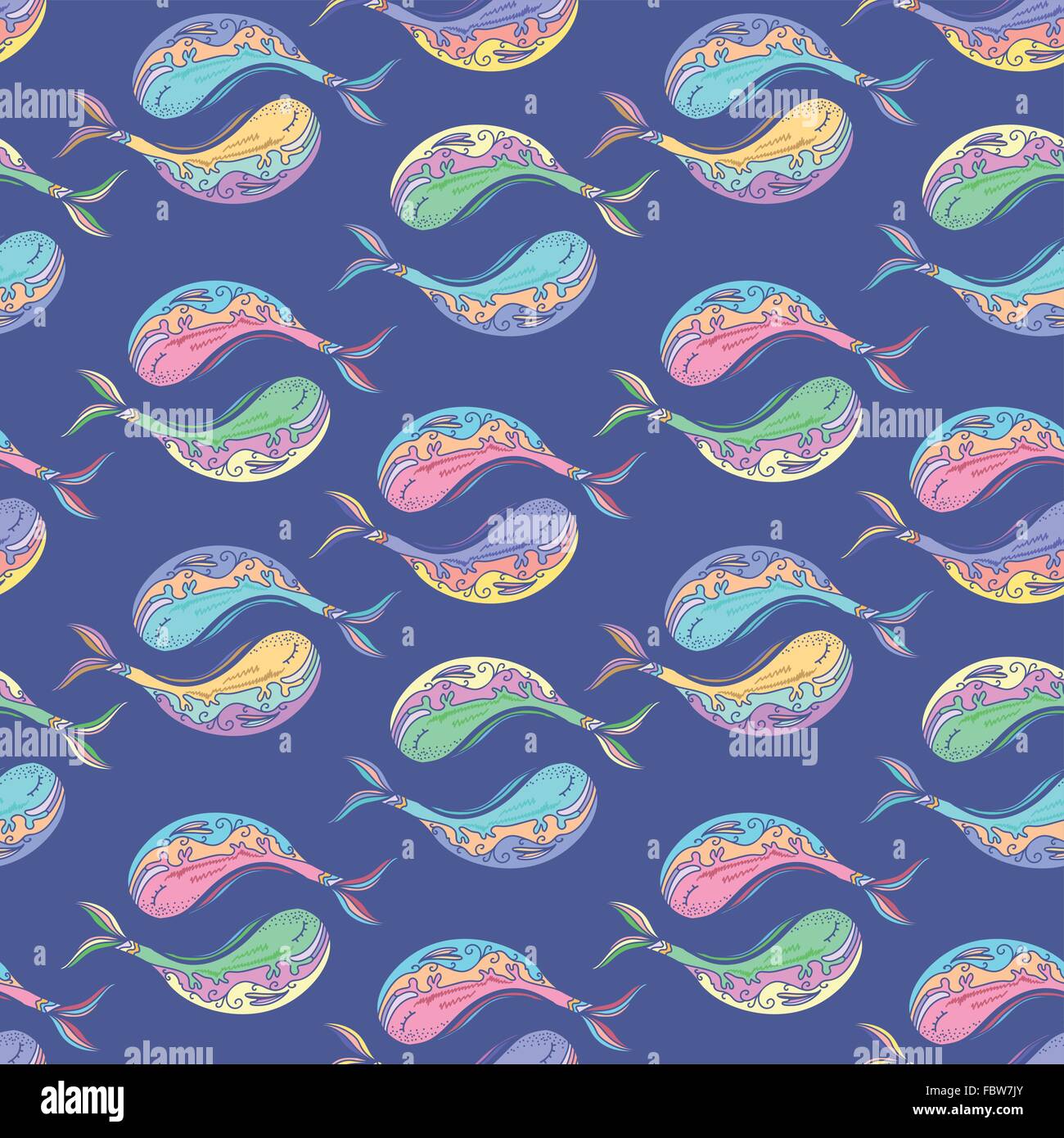 Vecteur bleu motif dans la mer avec des poissons de mer style croquis Illustration de Vecteur