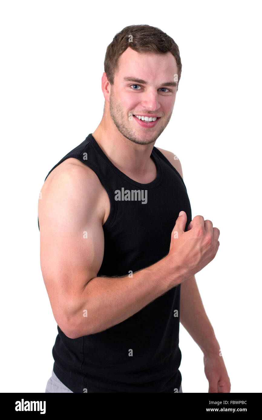 Young attractive man flexing biceps sa Banque D'Images