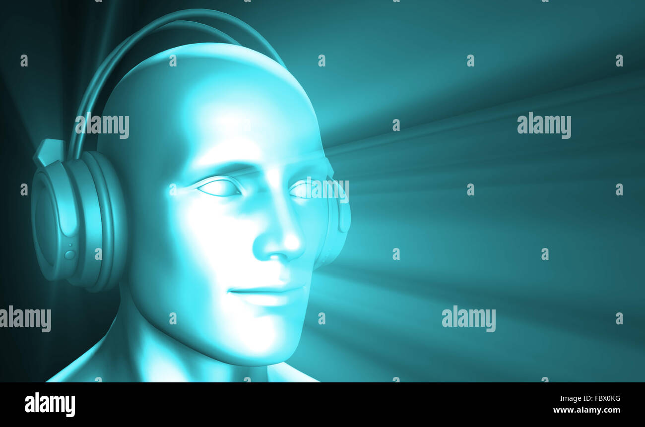 L'homme Écoute de la musique en méditant dans 3D Écouteurs Banque D'Images